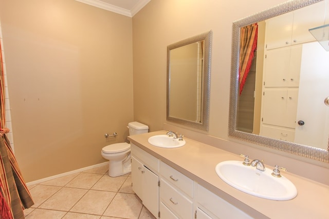 bathroom with crown molding, toilet, tile patterned floors, and vanity