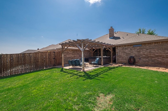 view of yard featuring a patio, a pergola, an outdoor living space, and a fenced backyard