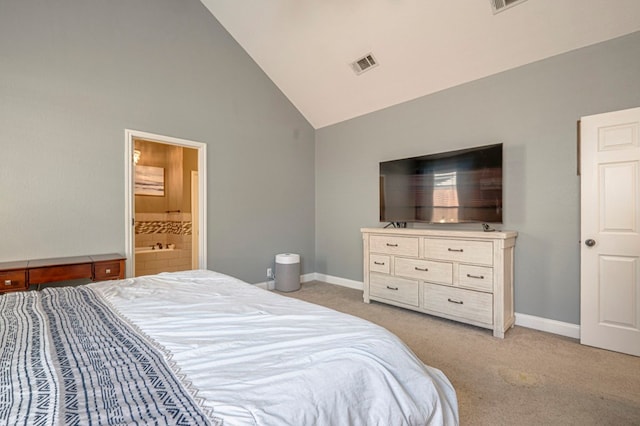 bedroom featuring light colored carpet, visible vents, baseboards, high vaulted ceiling, and connected bathroom