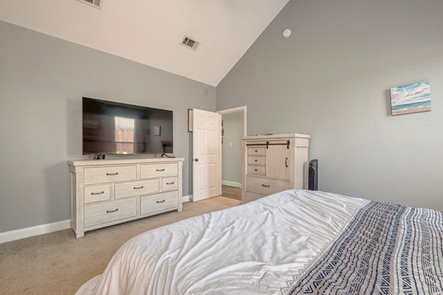 bedroom featuring visible vents, baseboards, light carpet, and high vaulted ceiling