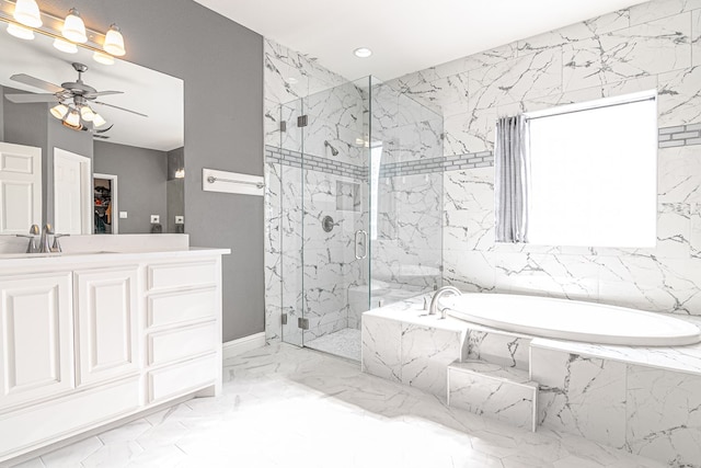 4204 Baybrook Pl, Midland, TX 79707 - bathroom with a marble finish shower, a bath, ceiling fan, recessed lighting, and marble finish flooring