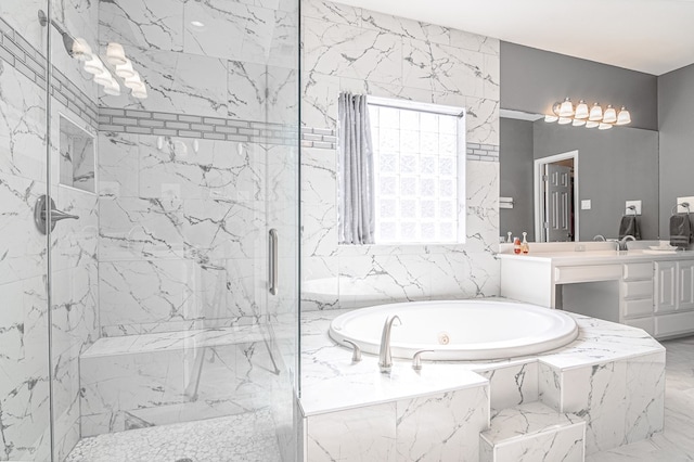4204 Baybrook Pl, Midland, TX 79707 - bathroom featuring a garden tub, a marble finish shower, vanity, and marble finish flooring