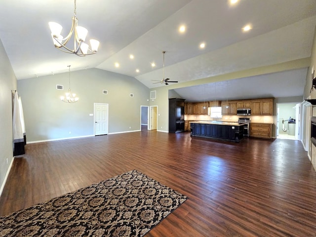 3410 Humble Ave, Midland, TX 79707 - unfurnished living room with a chandelier, dark wood finished floors, a ceiling fan, a fireplace, and high vaulted ceiling