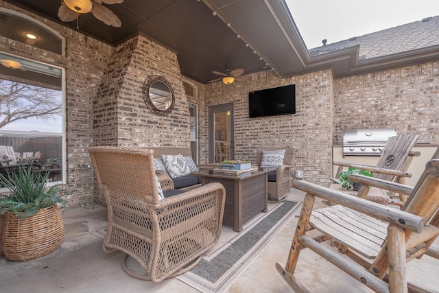 view of patio featuring ceiling fan, outdoor lounge area, and area for grilling