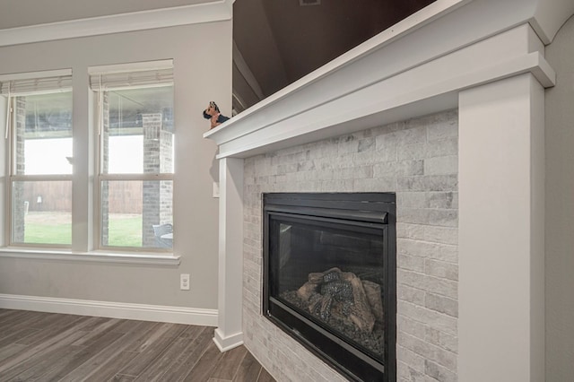 room details featuring baseboards, a glass covered fireplace, and wood finished floors