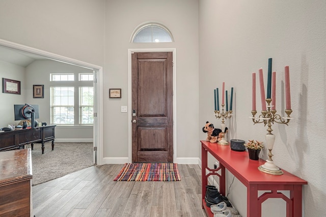 foyer entrance featuring baseboards, a high ceiling, and wood finished floors
