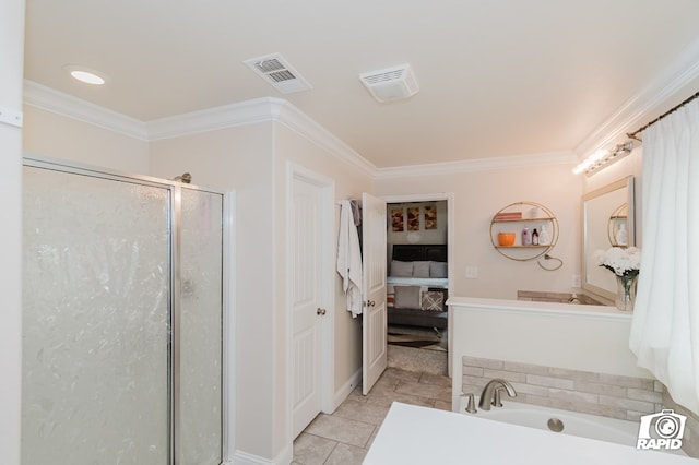 bathroom with ensuite bathroom, a stall shower, visible vents, and crown molding