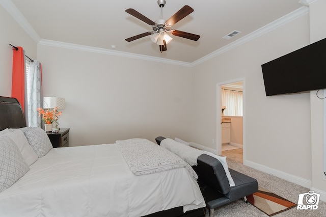 bedroom featuring visible vents, ornamental molding, light carpet, ceiling fan, and baseboards