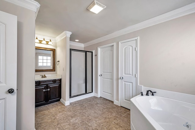 bathroom with ornamental molding, shower with separate bathtub, and vanity