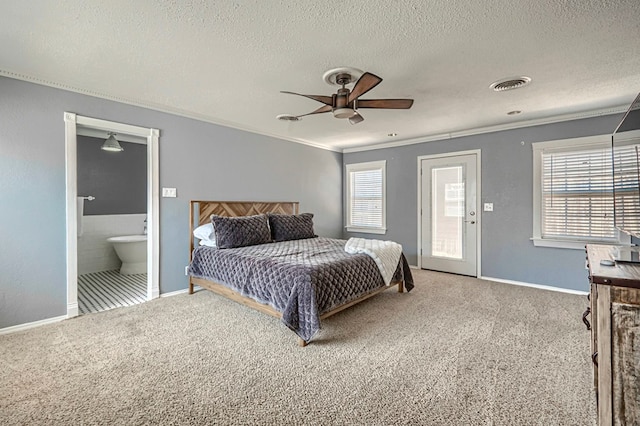 710 W Nobles Ave, Midland, TX 79701 - bedroom with crown molding, carpet floors, a textured ceiling, baseboards, and ceiling fan