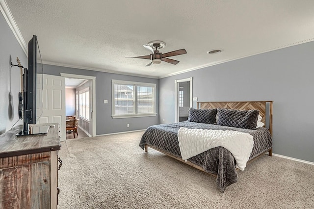 710 W Nobles Ave, Midland, TX 79701 - carpeted bedroom with ornamental molding, a textured ceiling, baseboards, and a ceiling fan