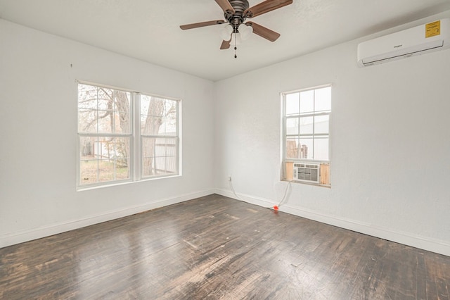 unfurnished room with baseboards, dark wood-style floors, ceiling fan, cooling unit, and an AC wall unit