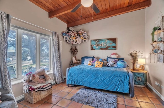 bedroom with beamed ceiling, baseboards, wooden ceiling, and a ceiling fan