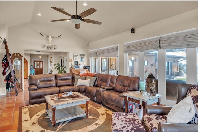 tiled living room featuring recessed lighting, high vaulted ceiling, and a ceiling fan