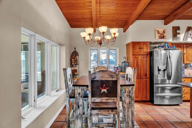 dining room with an inviting chandelier, wooden ceiling, light tile patterned floors, and beam ceiling