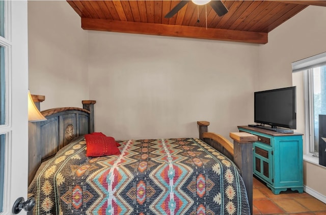 bedroom featuring beam ceiling, a ceiling fan, wooden ceiling, and light tile patterned flooring