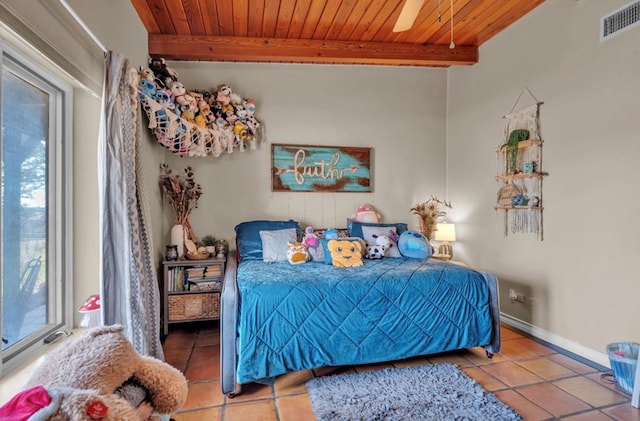 bedroom with tile patterned flooring, visible vents, beamed ceiling, and wood ceiling