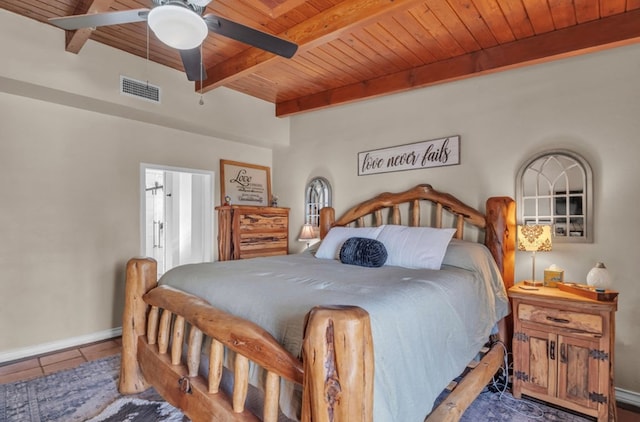 tiled bedroom featuring beamed ceiling, wood ceiling, visible vents, and baseboards