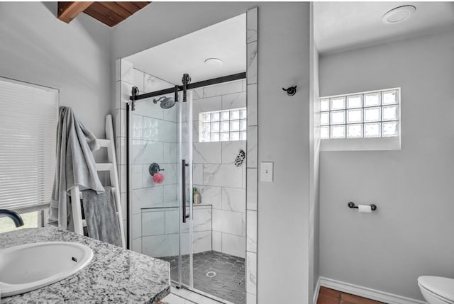 bathroom featuring plenty of natural light, a stall shower, and toilet