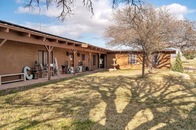 rear view of property featuring a patio, a yard, and stucco siding