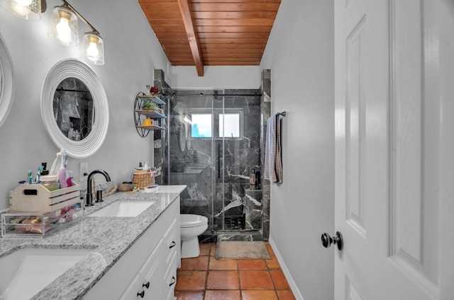 full bathroom featuring beamed ceiling, toilet, a sink, a marble finish shower, and wood ceiling