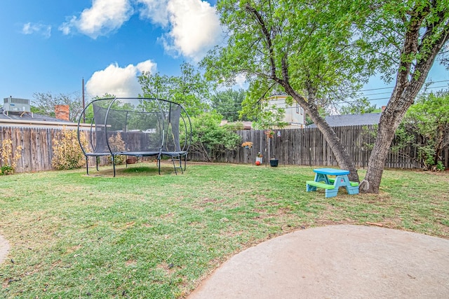 view of yard with a fenced backyard and a trampoline