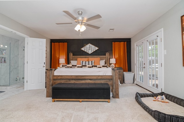 bedroom with access to outside, a ceiling fan, visible vents, carpet, and ensuite bathroom