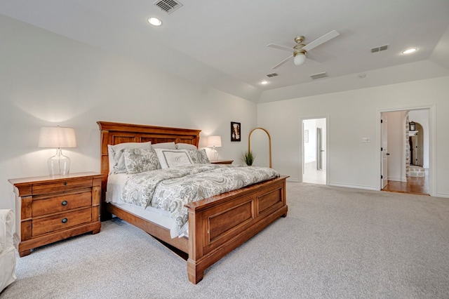 801 Keystone Ct, Midland, TX 79705 - bedroom with light colored carpet, recessed lighting, a ceiling fan, and arched walkways