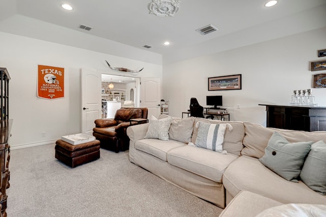 801 Keystone Ct, Midland, TX 79705 - carpeted living area featuring recessed lighting, a bar, baseboards, and an office area