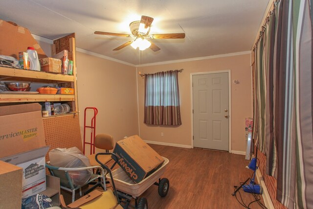 interior space featuring hardwood / wood-style flooring, ceiling fan, and ornamental molding