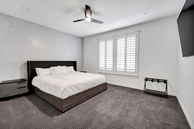 carpeted bedroom with ceiling fan, recessed lighting, and baseboards