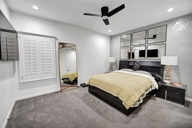 carpeted bedroom with recessed lighting, ceiling fan, and baseboards