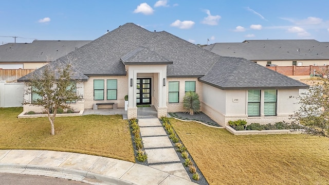 view of front of property featuring french doors, roof with shingles, a front yard, and brick siding