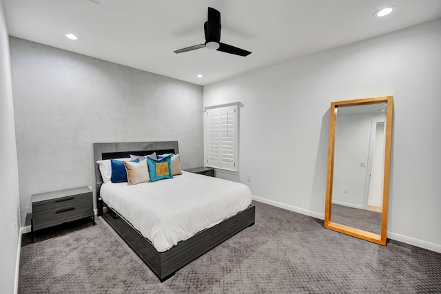 carpeted bedroom featuring ceiling fan, recessed lighting, and baseboards