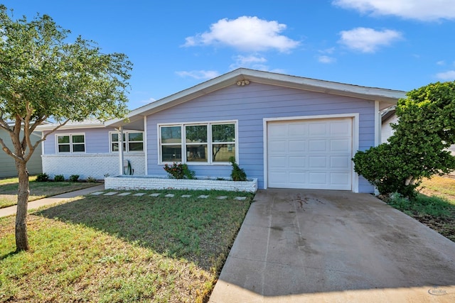 ranch-style home featuring a garage, driveway, a front lawn, and brick siding