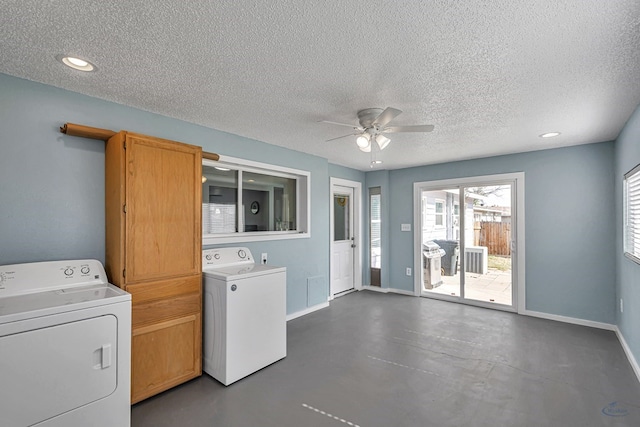 laundry area with independent washer and dryer, a textured ceiling, a ceiling fan, baseboards, and recessed lighting