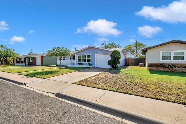 ranch-style home with a front yard, a garage, brick siding, fence, and concrete driveway