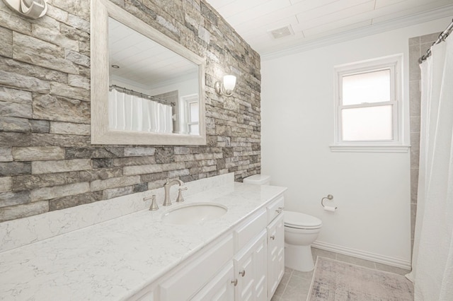 bathroom with toilet, visible vents, ornamental molding, and vanity