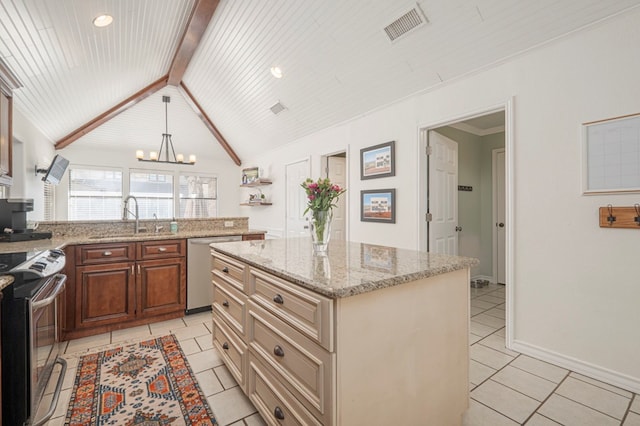 kitchen with light tile patterned floors, visible vents, vaulted ceiling with beams, stainless steel appliances, and a sink