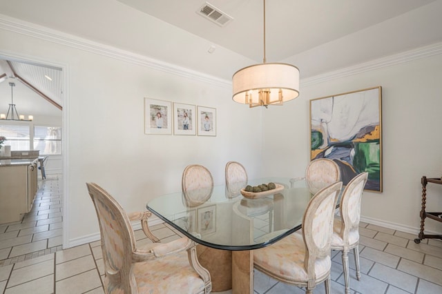 dining room featuring a notable chandelier, light tile patterned floors, lofted ceiling, visible vents, and baseboards