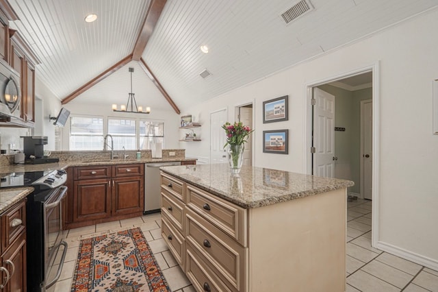 kitchen with stainless steel appliances, visible vents, lofted ceiling with beams, light tile patterned flooring, and a sink