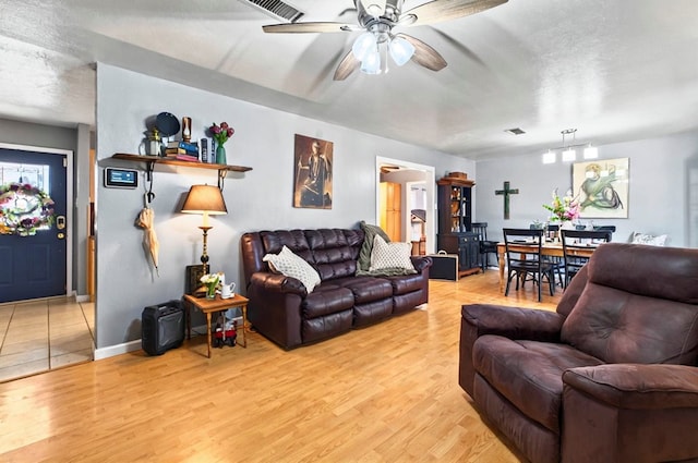 3216 W Dengar Ave, Midland, TX 79705 - living room featuring light wood finished floors, a ceiling fan, baseboards, and a textured ceiling