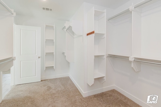 spacious closet featuring light colored carpet