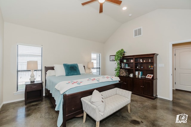 bedroom with concrete floors, baseboards, ceiling fan, recessed lighting, and high vaulted ceiling