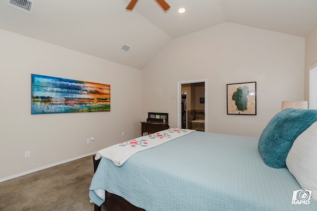 bedroom featuring vaulted ceiling, carpet, a ceiling fan, baseboards, and recessed lighting