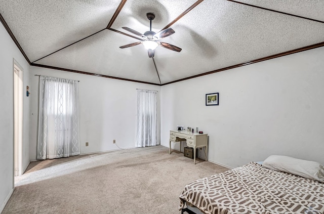 bedroom featuring lofted ceiling, ornamental molding, a textured ceiling, and light colored carpet