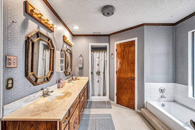 full bath with wallpapered walls, a sink, crown molding, a textured ceiling, and a bath