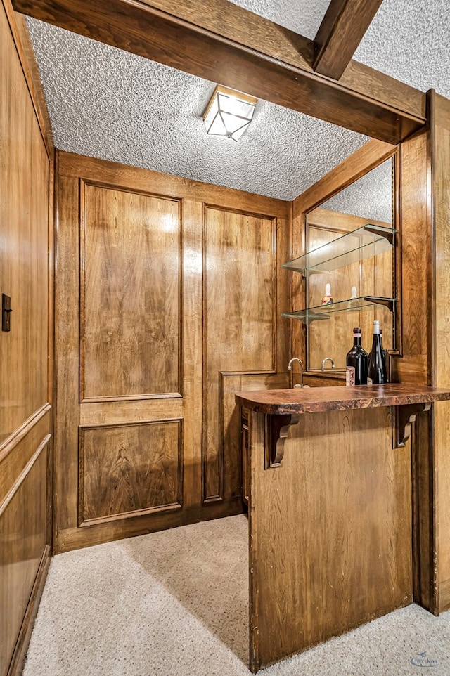 bar featuring a textured ceiling, wooden walls, indoor wet bar, and light colored carpet