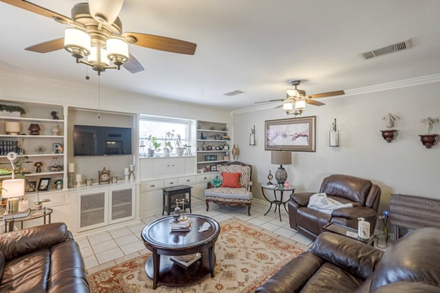 living room featuring ceiling fan, light tile patterned flooring, and crown molding