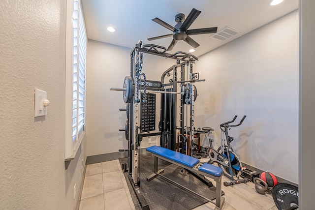 workout area with a ceiling fan, recessed lighting, and tile patterned floors